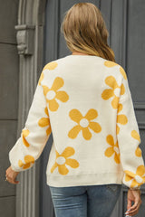 Floral Print Round Neck Dropped Shoulder Pullover Sweater - Flyclothing LLC