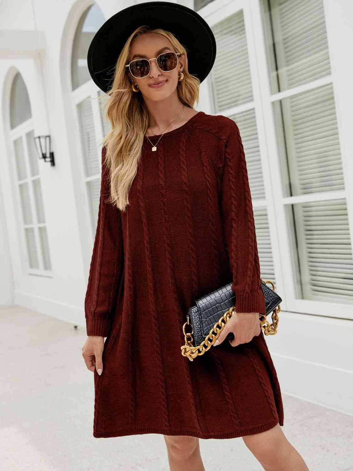 Cable-Knit Long Sleeve Sweater Dress - Flyclothing LLC