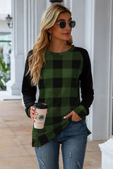 Plaid Round Neck Long Sleeve T-Shirt - Flyclothing LLC