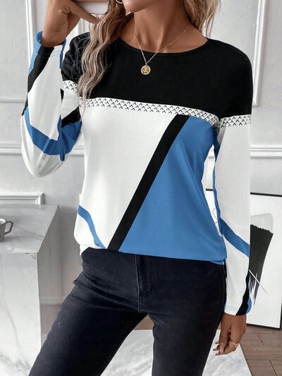 Contrast Round Neck Long Sleeve T-Shirt - Flyclothing LLC