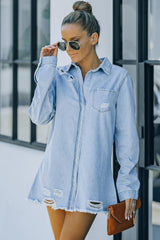 Distressed Snap Down Denim Jacket - Flyclothing LLC