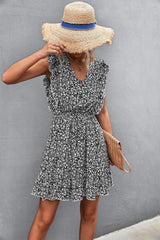 Ditsy Floral Ruffled V-Neck Dress - Flyclothing LLC