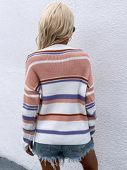 Striped Drop Shoulder Round Neck Pullover Sweater - Flyclothing LLC