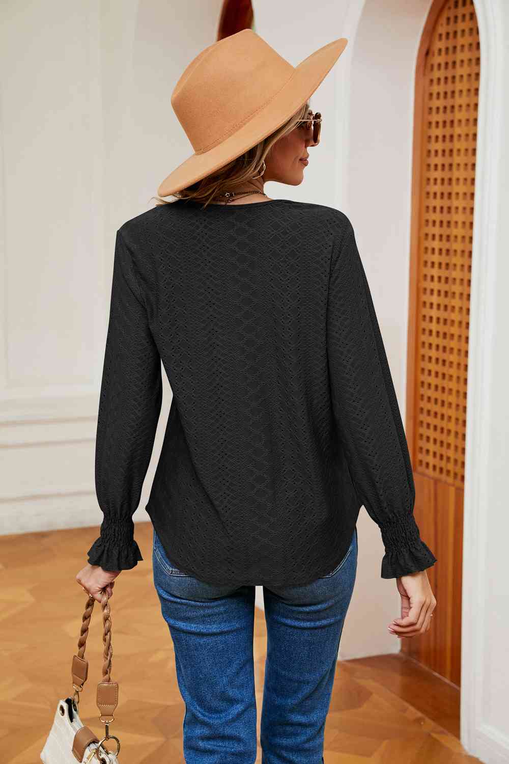 Contrast Flounce Sleeve Blouse - Flyclothing LLC