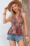 Printed Halter Neck Smocked Peplum Top - Trendsi