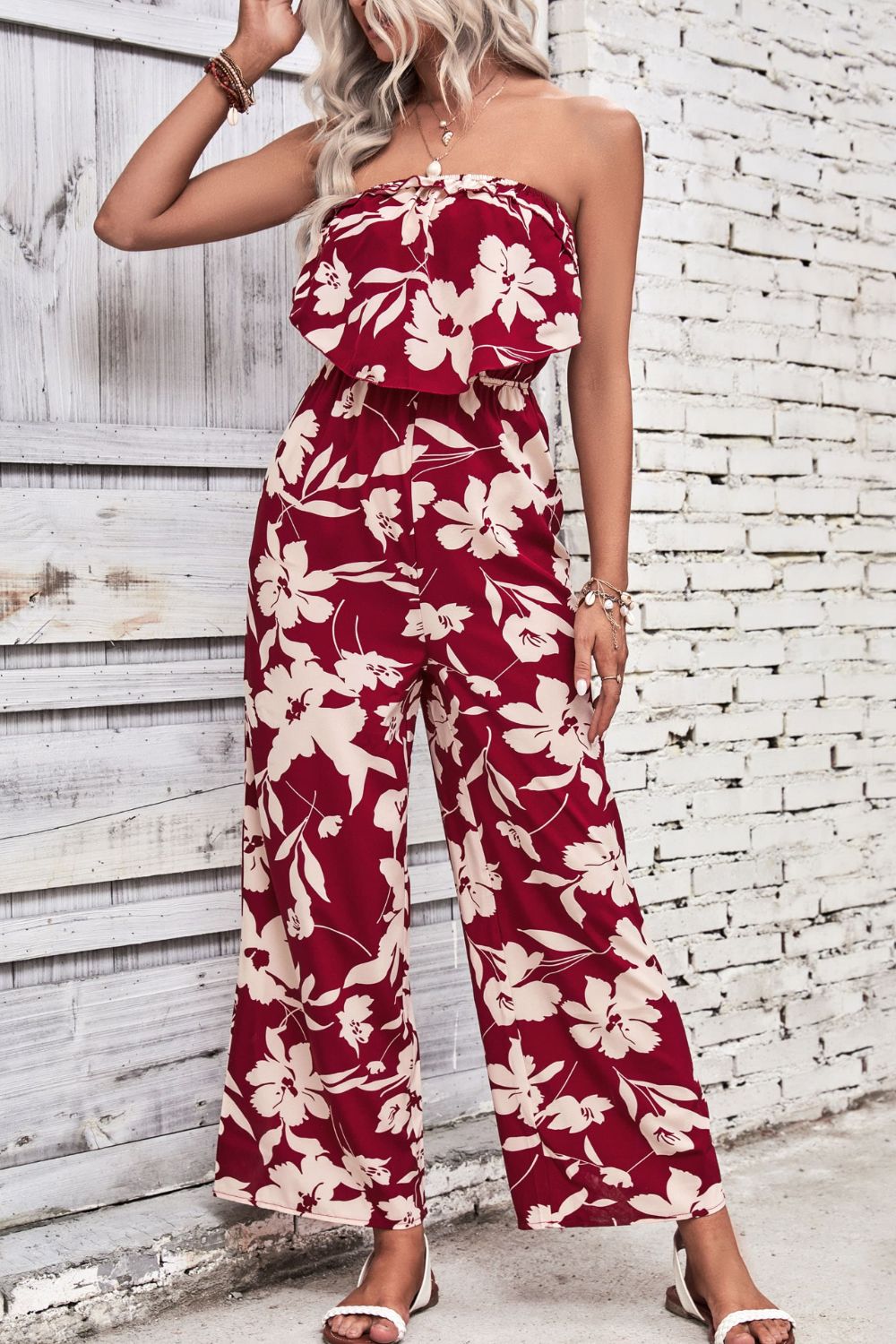 Floral Strapless Wide Leg Jumpsuit - Flyclothing LLC