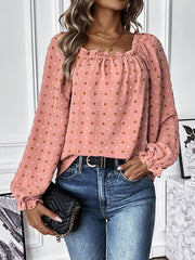 Swiss Dot Square Neck Flounce Sleeve Blouse - Flyclothing LLC