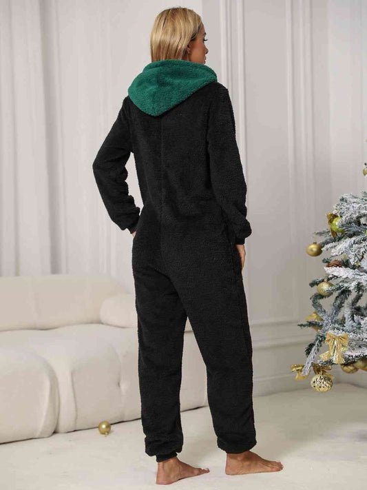 Pom-Pom Trim Zip Front Hooded Lounge Jumpsuit - Flyclothing LLC