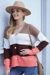 Color Block V-Neck Button Down Cardigan - Trendsi