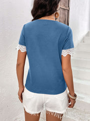 Lace Detail V-Neck Short Sleeve T-Shirt - Flyclothing LLC