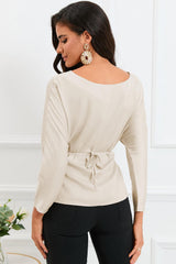 Boat Neck Back Tie Long Sleeve Satin Blouse - Flyclothing LLC