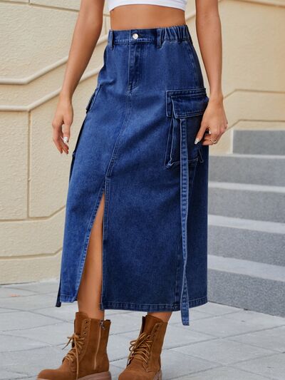 Slit Pocketed High Waist Denim Skirt - Flyclothing LLC