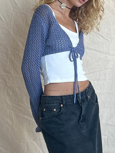 Openwork Tied Dropped Shoulder Cardigan - Flyclothing LLC