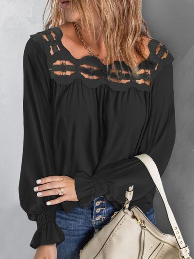 Cutout Square Neck Long Sleeve Blouse - Flyclothing LLC