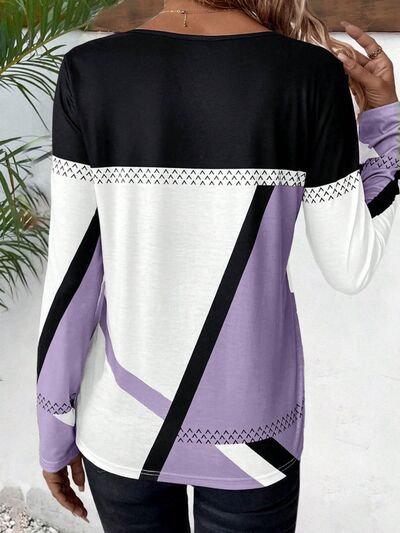 Contrast Round Neck Long Sleeve T-Shirt - Flyclothing LLC