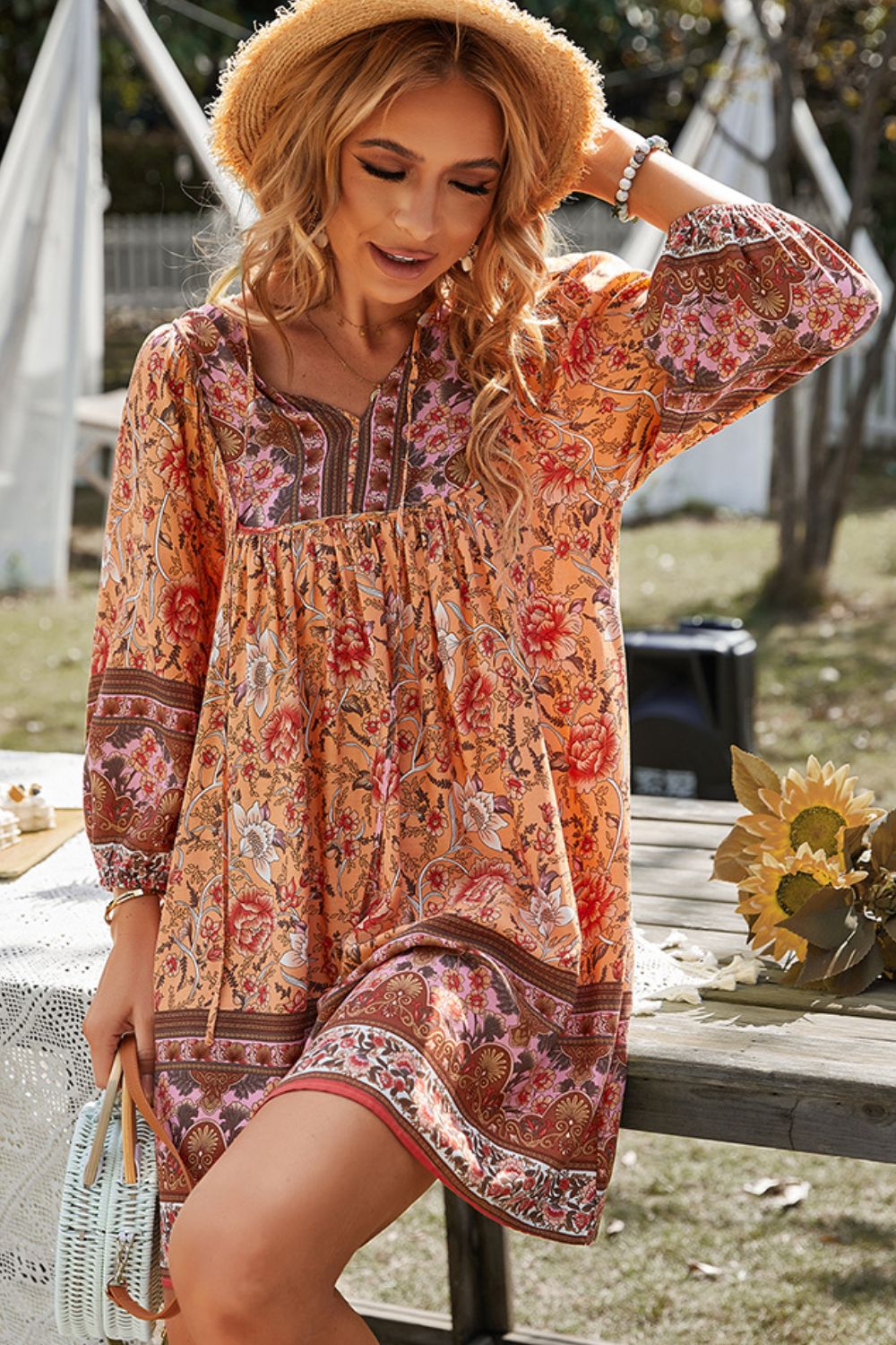 Bohemian Tie Neck Balloon Sleeve Dress - Flyclothing LLC