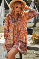 Bohemian Tie Neck Balloon Sleeve Dress - Flyclothing LLC