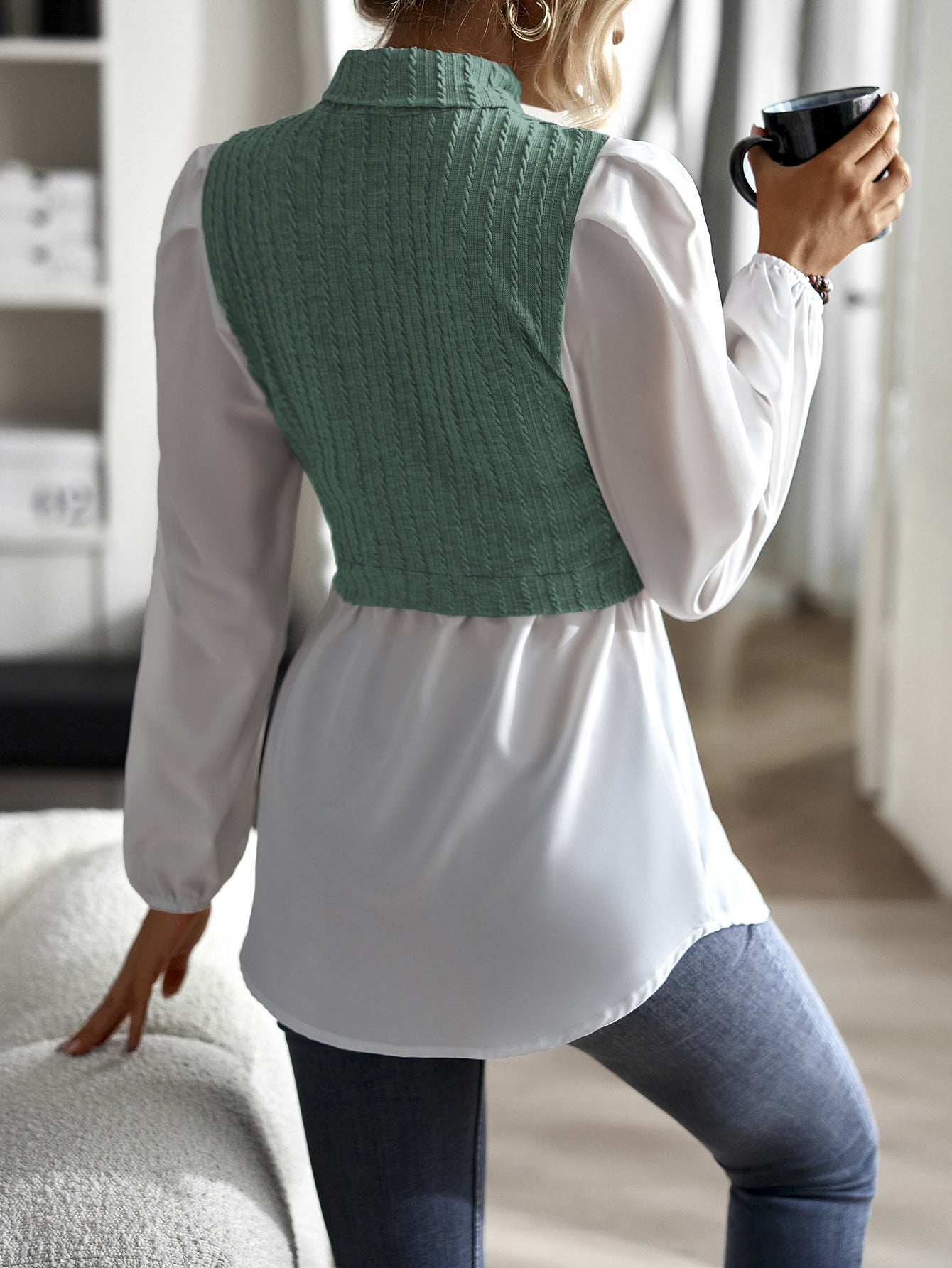 Contrast Cable-Knit Mock Neck Top - Flyclothing LLC