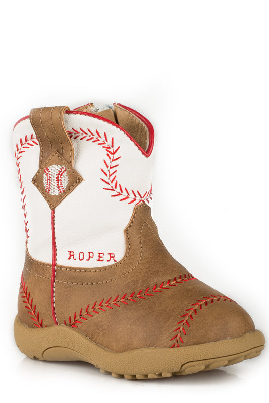 Roper Infant Boys Tan Vamp White Shaft With Baseball Emb Cowbaby