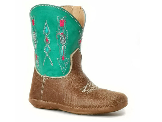 Roper Infant Girls Tan Leather Vamp With Embroidered Arrow Design On Turquoise Shaft