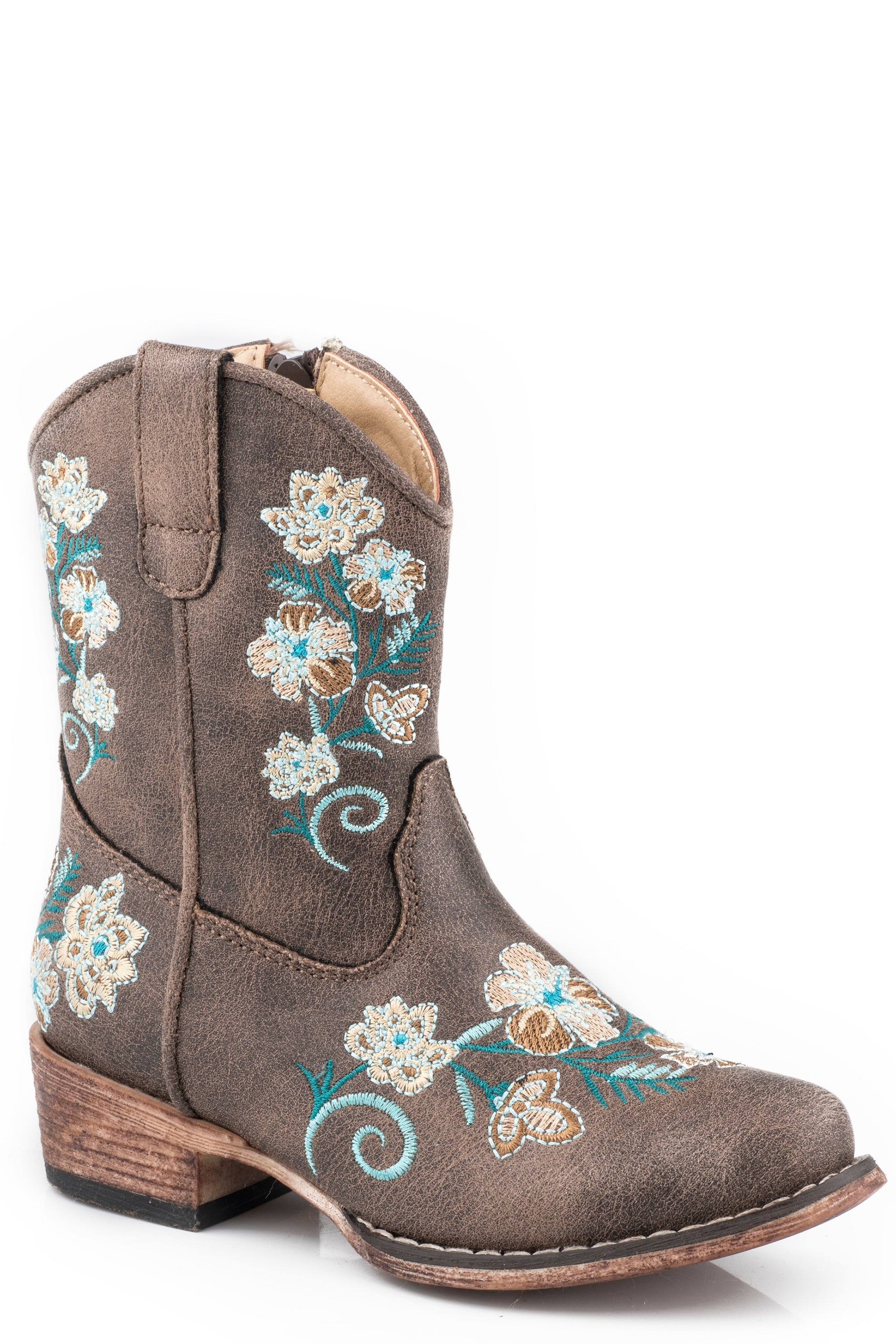 Roper Toddler Girls Vintage Brown Faux Leather Boot With Floral Embroidery Vamp  Shaft
