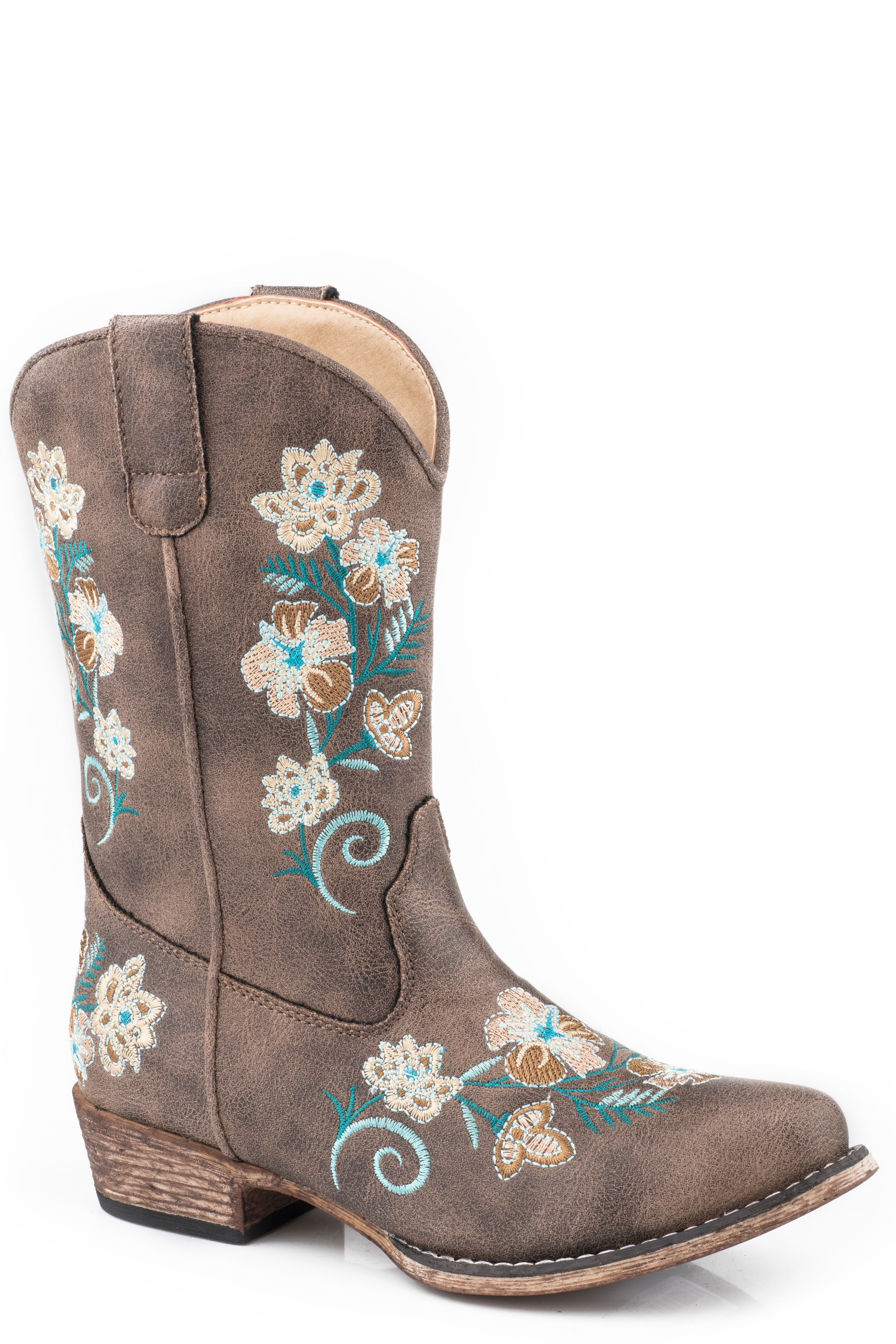 Roper Little Girls Vintage Brown Faux Leather Boot With Floral Embroidery Vamp  Shaft