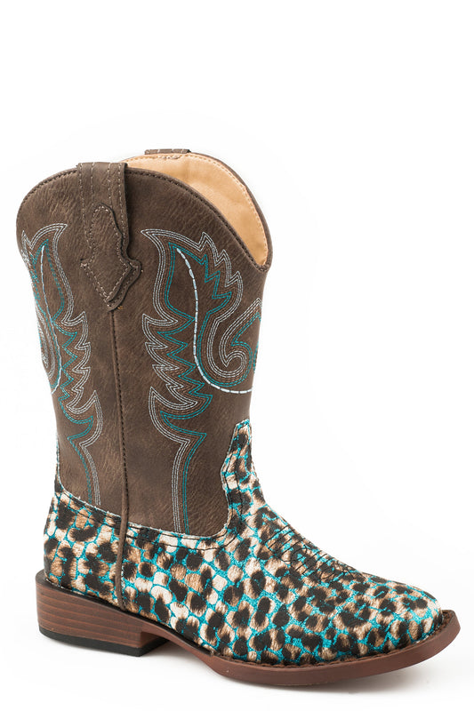 Roper Little Girls Turquoise Glitter Leopard Print Vamp  Boot With Brown Shaft