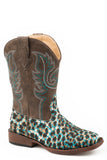 Roper Little Girls Turquoise Glitter Leopard Print Vamp  Boot With Brown Shaft