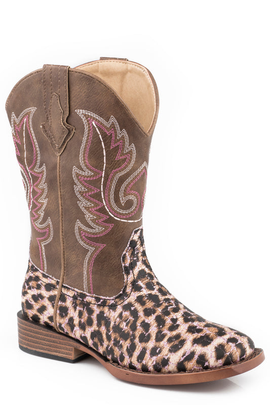 Roper Little Girls Pink Glitter And Leopard Faux Leather Vamp Boot With Brown Shaft