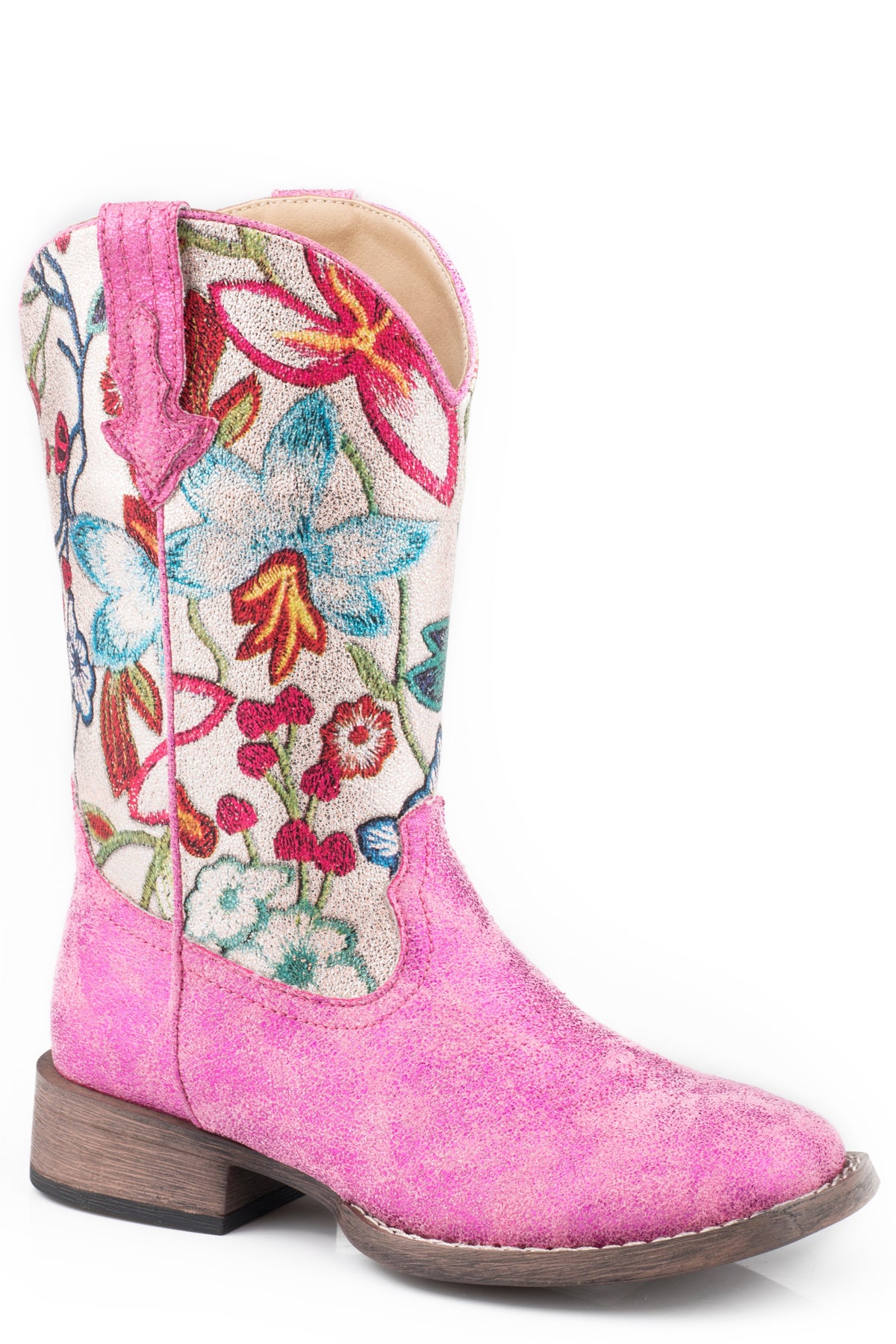 Roper Little Girls Metallic Pink Vamp Boot With Multi Metallic Floral Shaft