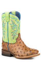 Roper Little Boys Burnished Tan Embossed Ostrich Boot With Bright Green Leather Shaft