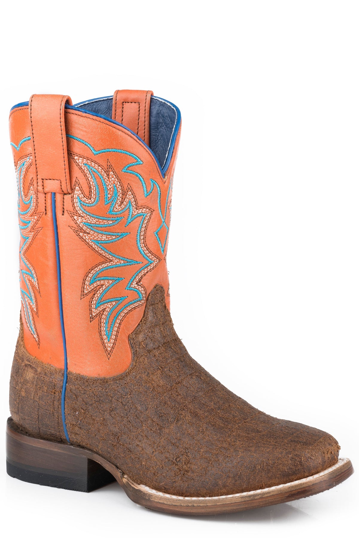 Roper Little Boys Embossed Brown Caiman Vamp Boot With Vintage Orange Leather Shaft