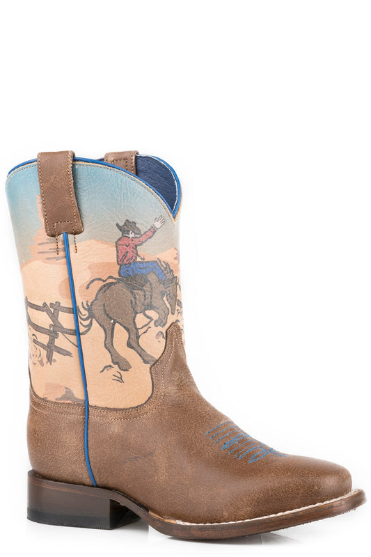 Roper Little Boys Vintage Brown Leather Vamp Boot With Bull  Horse Rough Stock Printed Shaft