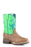 Roper Little Boys Stitched Tan Leather Vamp With Embroidered Buckin' Bronc On Neon Green Shaft