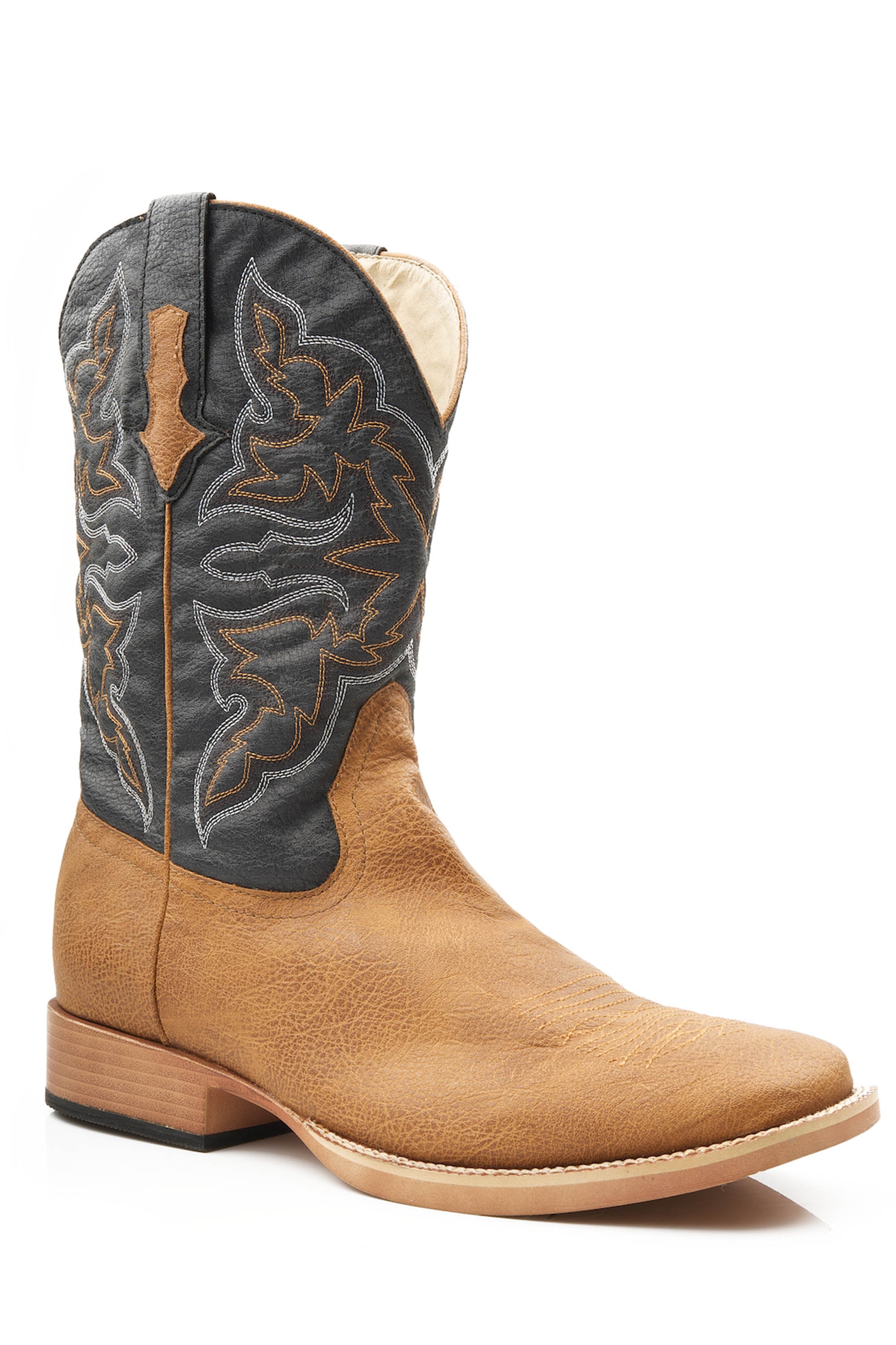 Roper Mens Cowboy Boot Faux Leather Tan Tumbled Vamp With Navy Stitched Upper