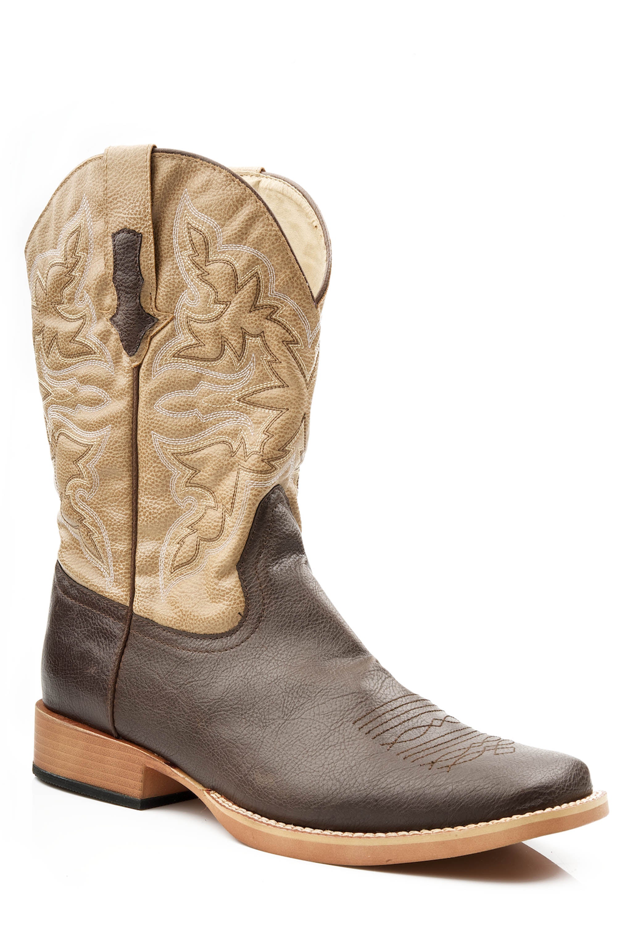 Roper Mens Cowboy Boot Faux Leather Brown Vamp With Tan Stitched Upper