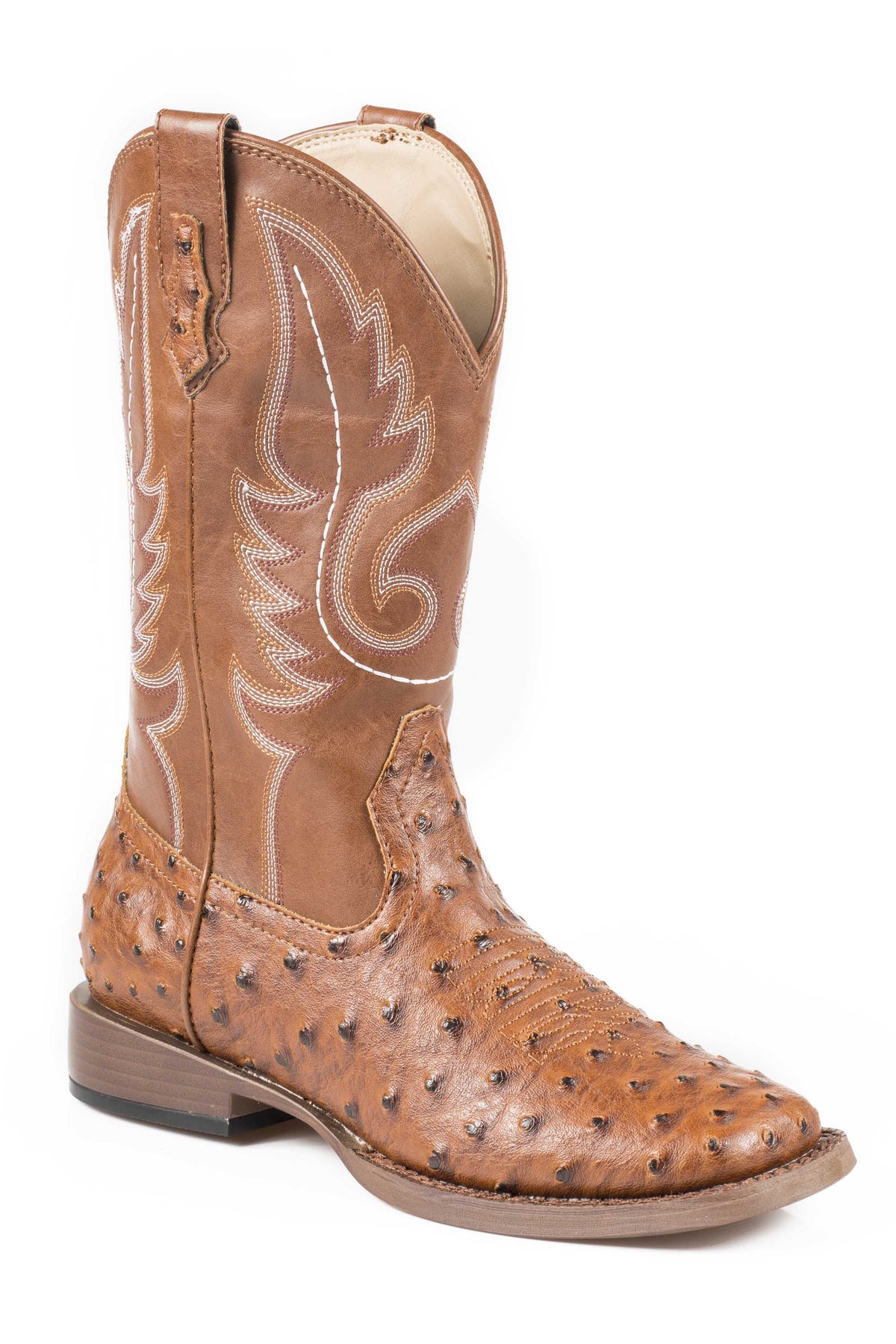 Roper Mens Cowboy Boot Faux Tan Ostrich Leather Vamp With Tan Stitched Upper