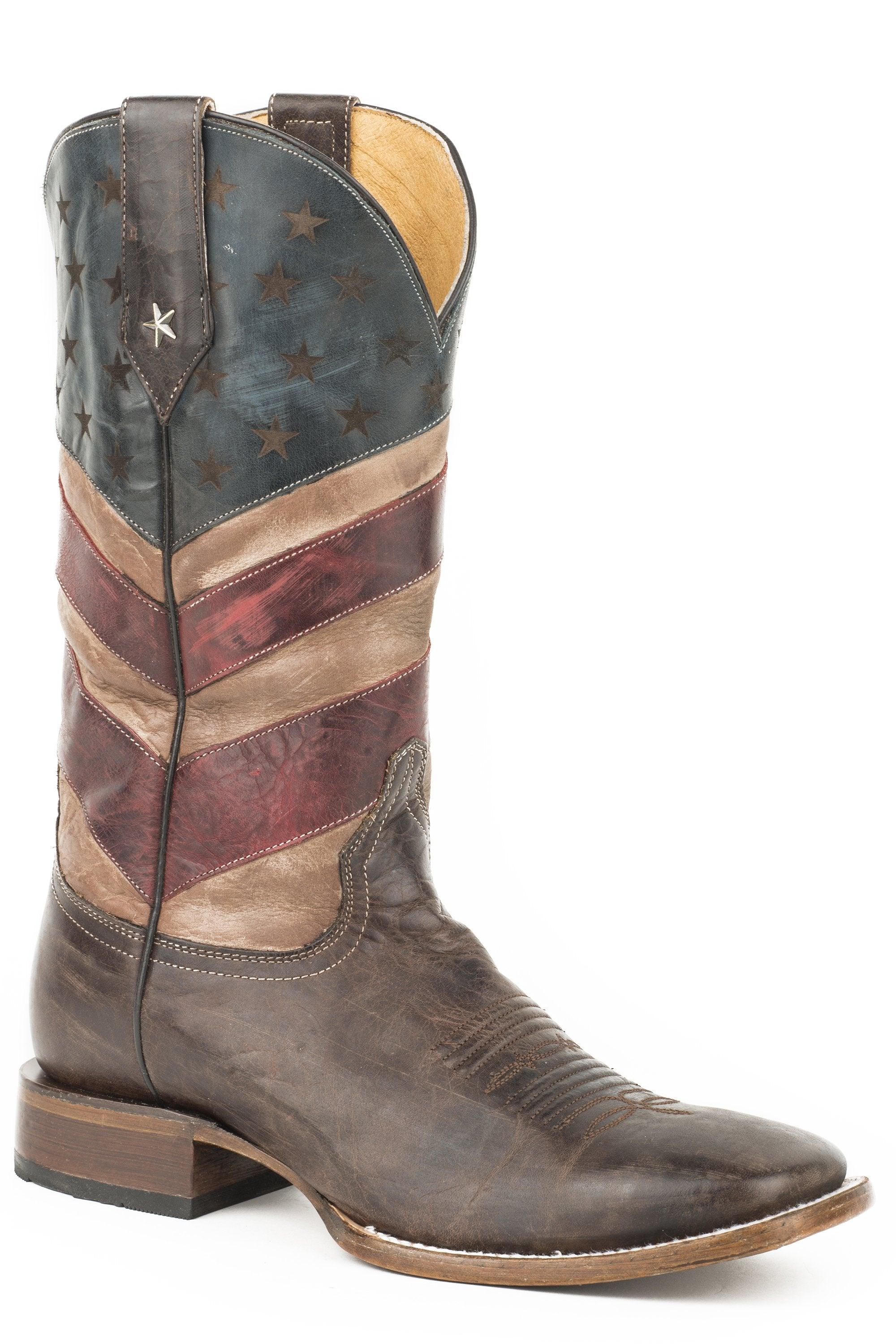 ROPER MENS LEATHER COWBOY BOOT AMERICAN FLAG BURNISHED BROWN WITH RED WHITE AND BLUE SQUARE - Flyclothing LLC