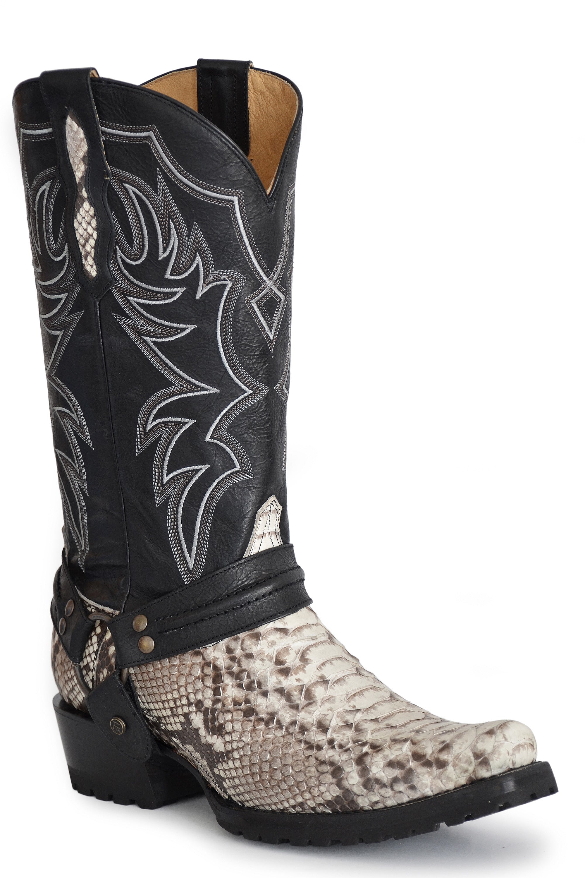 Roper Mens Natural White Python Vamp Bandit Toe Boot With Black Shaft