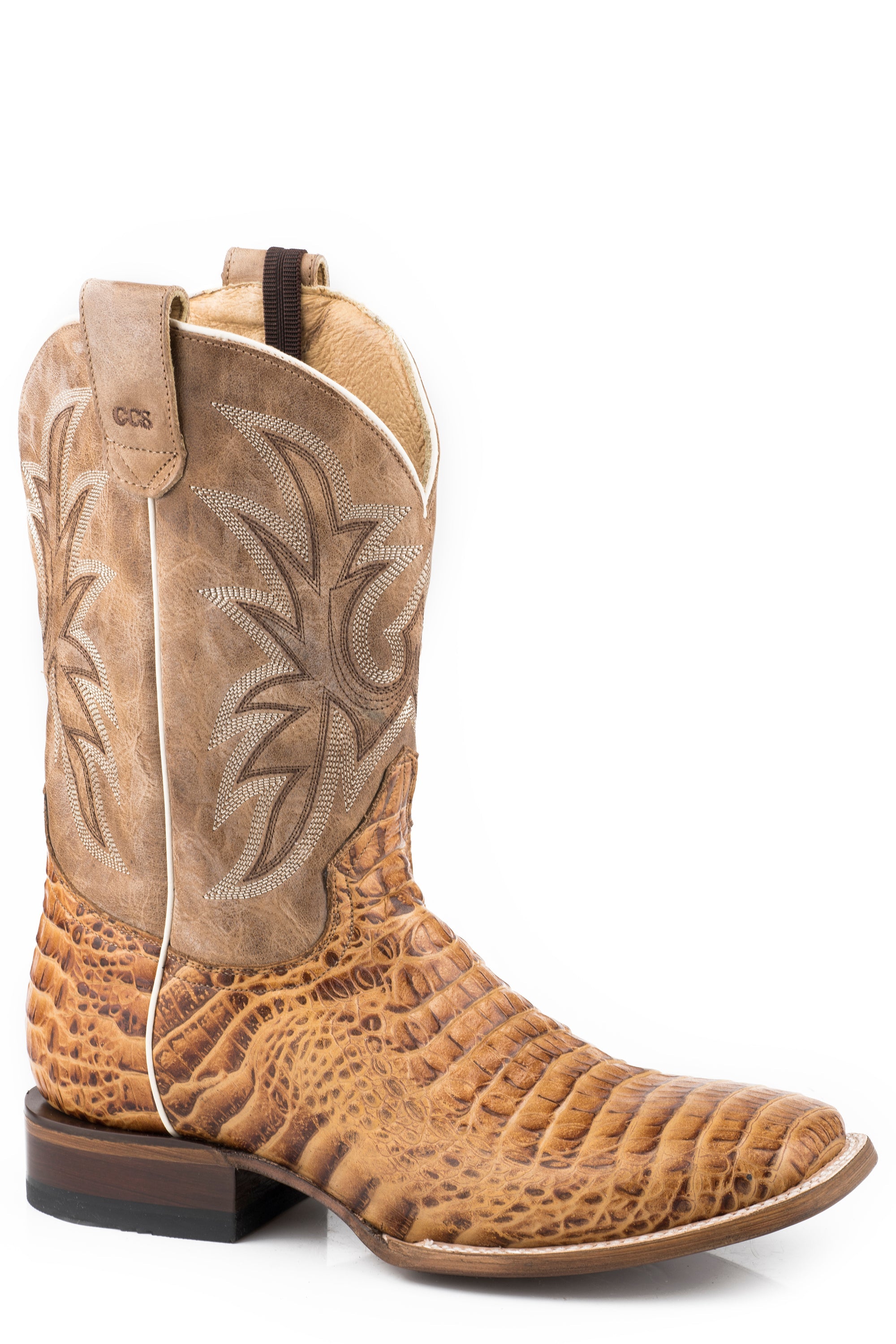 Roper Mens Embossed Tan Caiman Vamp Square Toe Boot With Burnished Tan Leather Shaft-Concealed Carry System