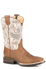 Roper Mens Burnished Tan Leather Vamp Square Toe Booth With Camo Print On Shaft-Concealed Carry System