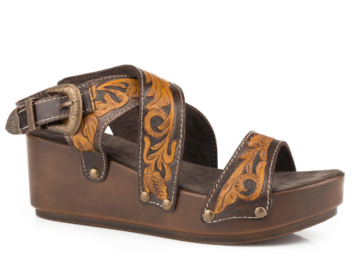 Roper Womens Brown  Tan Tooled Cross Band Strap Wedge Sandal