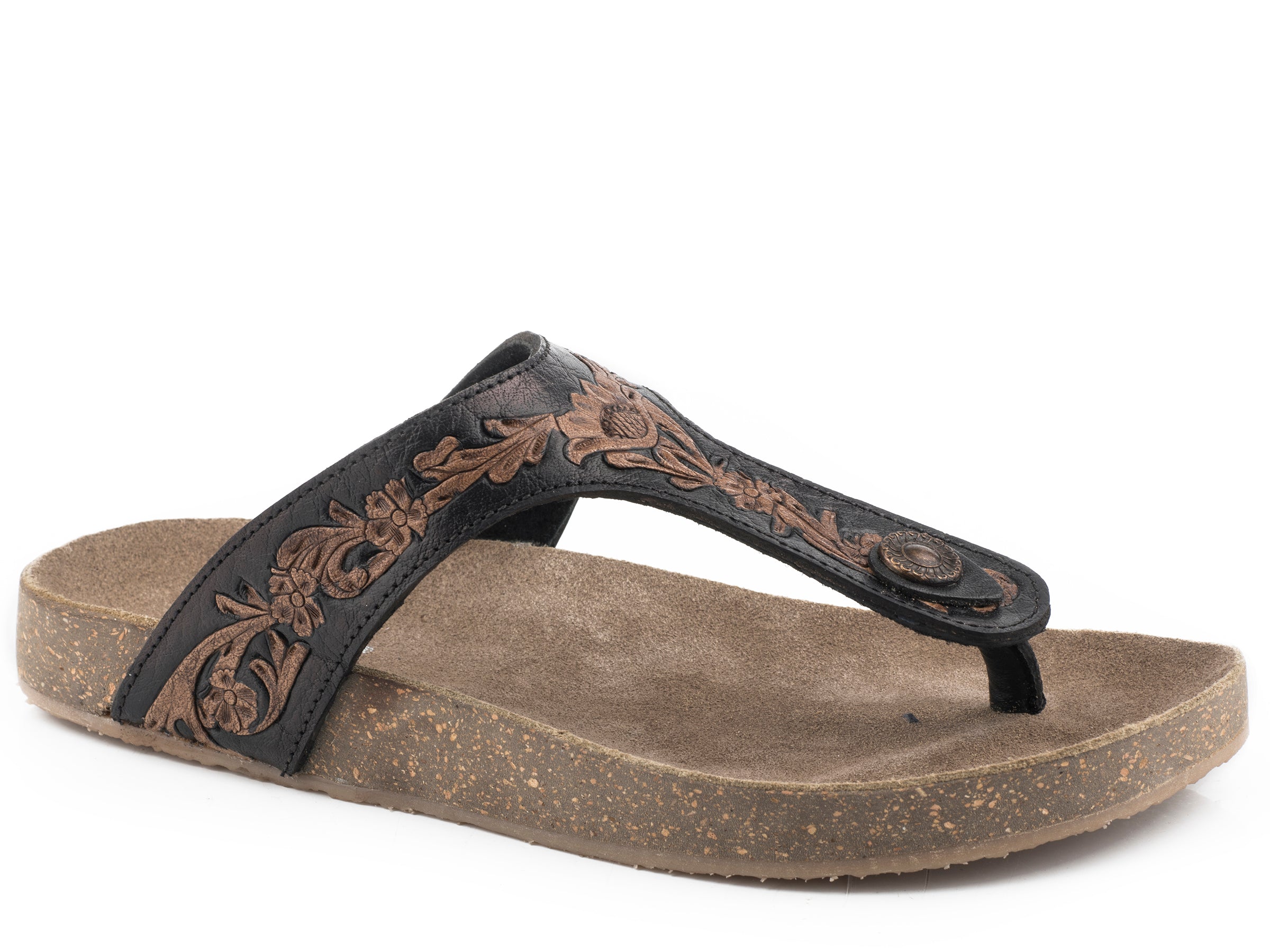Roper Womens Black With Brown Tooled Flowers