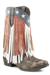 ROPER WOMENS LEATHER COWBOY BOOT SANDED VINTAGE BROWN VAMP WITH RED AND WHITE FRINGE AND STAR CROWN - Flyclothing LLC