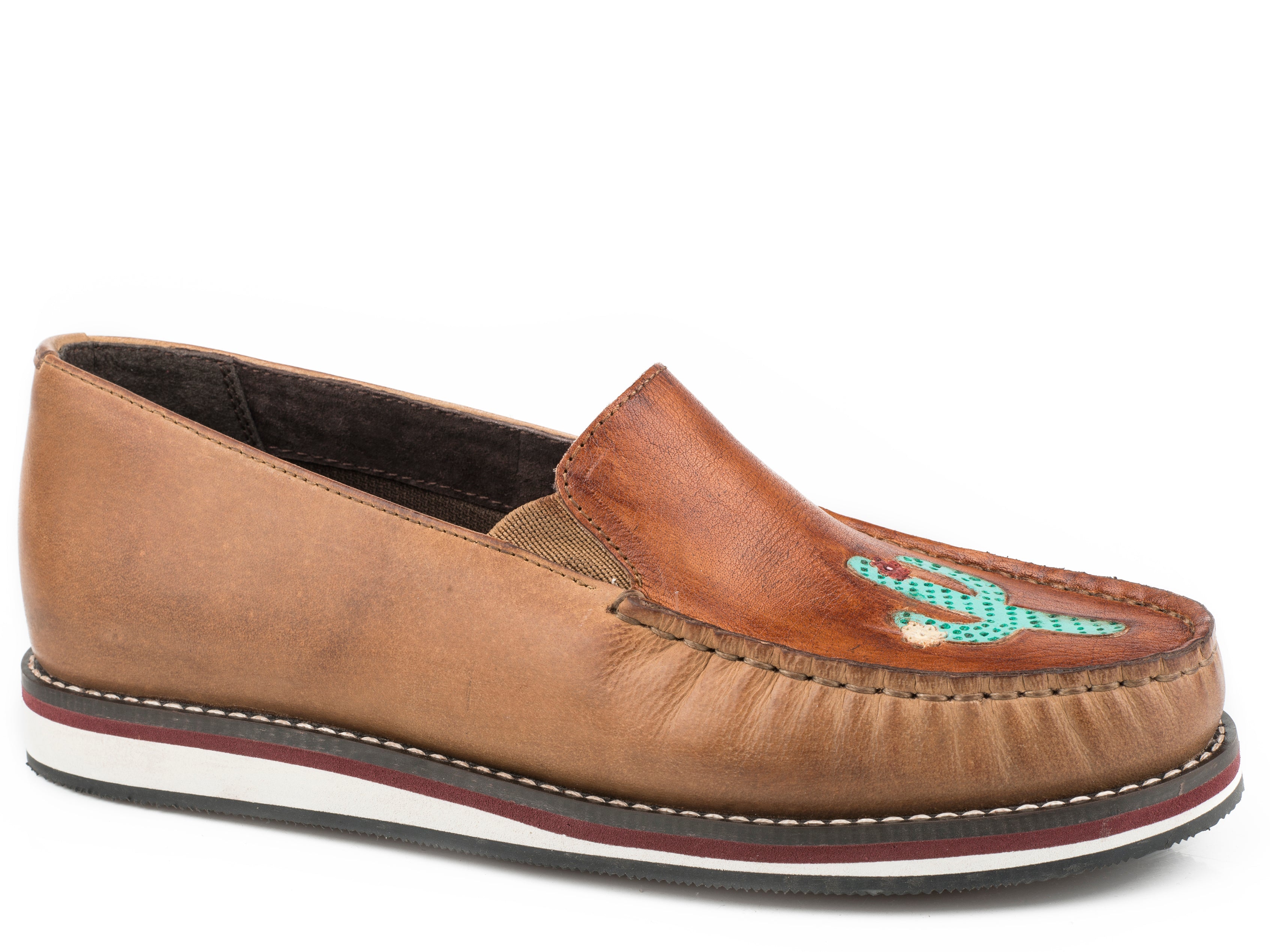 Roper Womens Slip On Moccasin Tan Burnished Leather With Handtooled Cactus Vamp - Roper