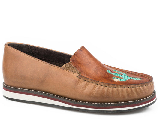 Roper Womens Slip On Moccasin Tan Burnished Leather With Handtooled Cactus Vamp