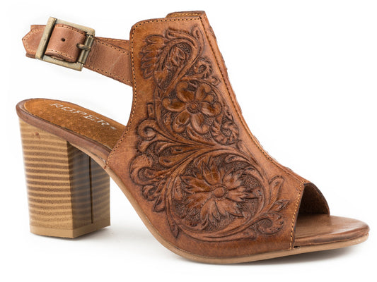 Roper Womens Fashion Mule Tan Floral Tooled Leather With Open Toe And Back Strap - Roper