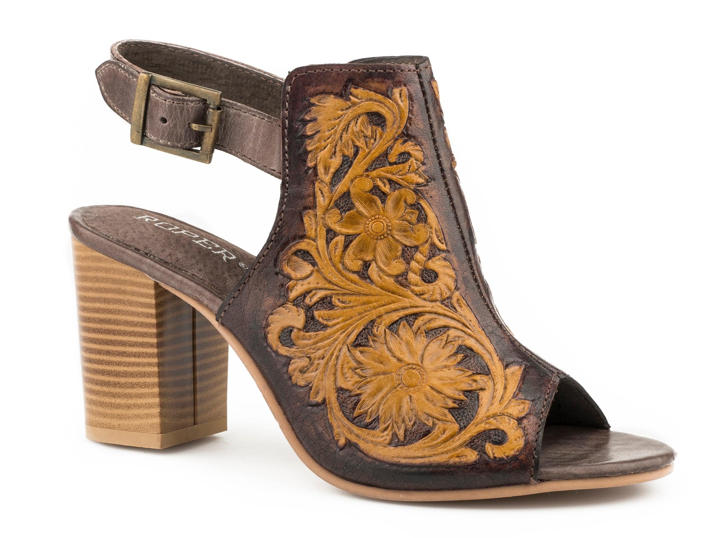 Roper Womens Fashion Mule Brown Floral Tooled Leather With Open Toe And Back Strap