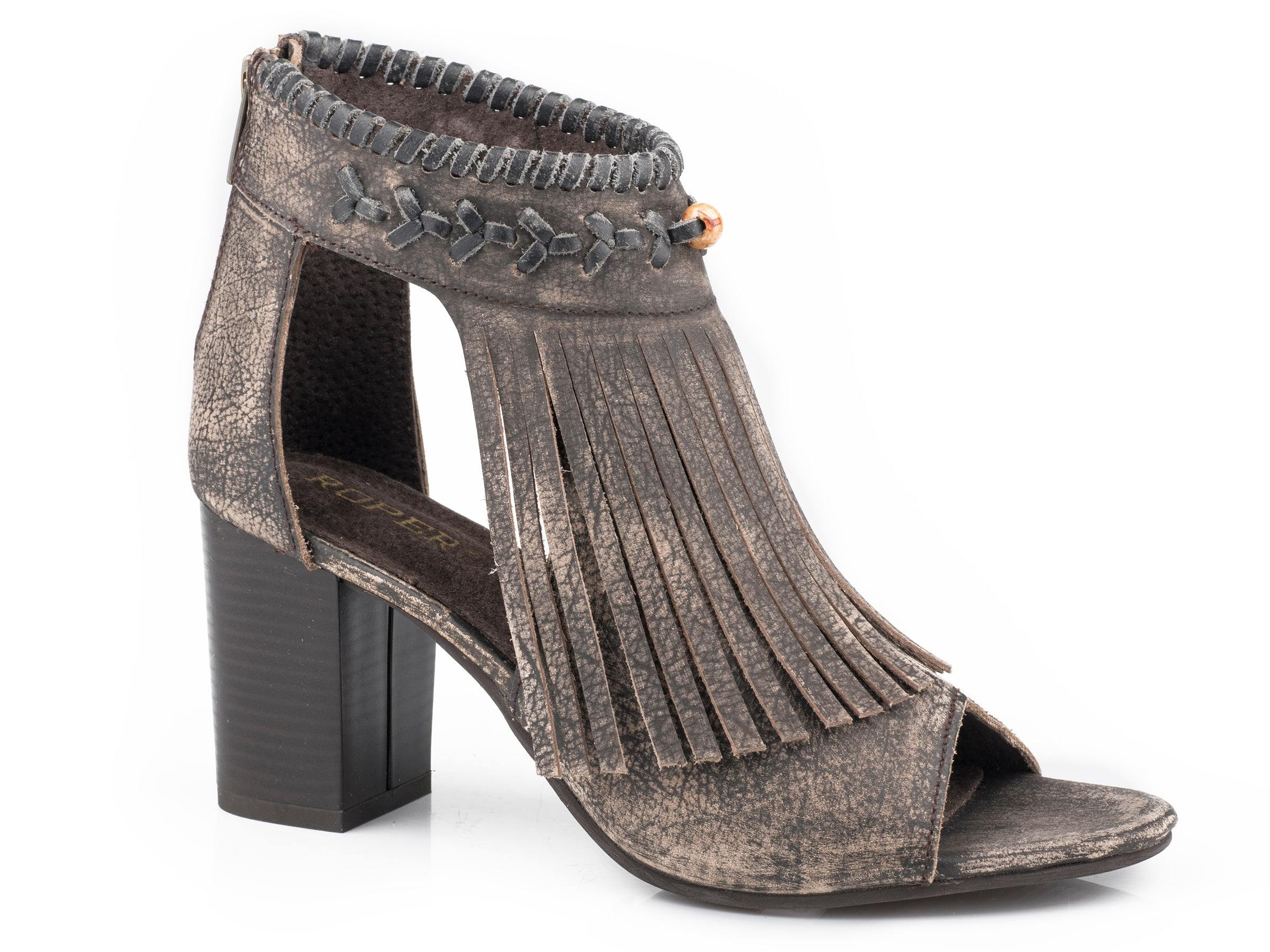 Roper Womens Sanded Brown Leather With Fringe Fashion Open Toe Mule