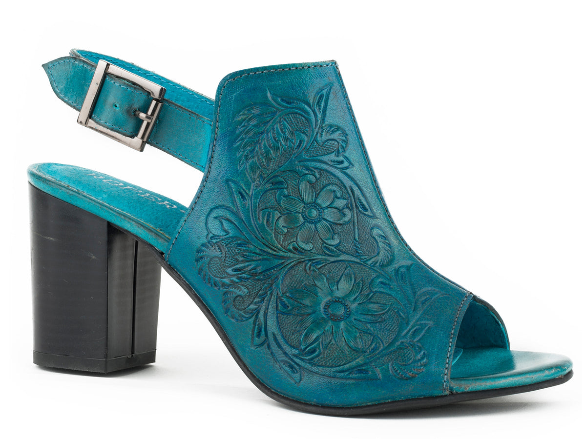 Roper Womens Fashion Mule Turquoise Floral Tooled Leather With Open Toe And Back Strap